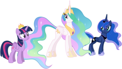 Size: 8000x4549 | Tagged: safe, artist:stabzor, princess celestia, princess luna, twilight sparkle, alicorn, pony, g4, princess twilight sparkle (episode), absurd resolution, female, mare, new crown, simple background, transparent background, trio, twilight sparkle (alicorn), vector