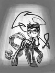 Size: 750x1000 | Tagged: safe, artist:kp-shadowsquirrel, rarity, g4, catsuit, catwoman, crossover, female, grayscale, monochrome, parody, solo, weapon, whip