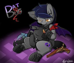 Size: 963x830 | Tagged: safe, artist:vavacung, oc, oc only, bat pony, changeling, pony, engrish, female, gun, head on lap, interspecies, male, shipping, sitting, straight