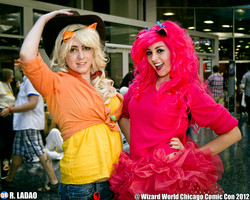 Size: 3861x3089 | Tagged: safe, artist:rladao, applejack, pinkie pie, human, g4, 2012, convention, cosplay, irl, irl human, photo, wizard world chicago, wizard world chicago comic con, wizard world chicago comic con 2012