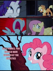 Size: 1200x1623 | Tagged: safe, edit, edited screencap, screencap, applejack, fluttershy, pinkie pie, rainbow dash, rarity, castle mane-ia, friendship is magic, g4, hub logo, laughter song, meme