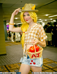 Size: 3456x4472 | Tagged: safe, artist:piichixchan, applejack, human, g4, anime world chicago, anime world chicago 2012, apple, basket, clothes, convention, cosplay, daisy dukes, front knot midriff, irl, irl human, midriff, photo, solo