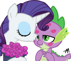 Size: 1140x989 | Tagged: safe, artist:bananimationofficial, rarity, spike, dragon, pony, unicorn, g4, cheek kiss, duo, flower, kiss mark, kissing, male, ship:sparity, shipping, simple background, straight, transparent background