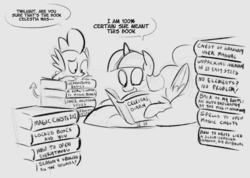 Size: 700x497 | Tagged: safe, artist:egophiliac, spike, twilight sparkle, alicorn, pony, castle mane-ia, g4, journal of the two sisters, book, dialogue, diary, female, grayscale, journal, mare, prone, reading, scene parody, speech bubble, twilight sparkle (alicorn)