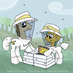 Size: 1000x1000 | Tagged: safe, artist:smudge proof, parcel post, post haste, snails, bee, earth pony, pony, unicorn, castle mane-ia, g4, bee box, beehive, beekeeper, bonding, family, father, hive, male, son, spoiler, stallion