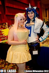 Size: 3031x4546 | Tagged: safe, artist:rladao, dj pon-3, fluttershy, vinyl scratch, human, g4, anime milwaukee, anime milwaukee 2012, clothes, convention, corset, cosplay, irl, irl human, photo