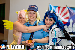 Size: 4879x3253 | Tagged: artist needed, safe, artist:risana cosplay, derpy hooves, dj pon-3, fluttershy, vinyl scratch, human, g4, anime milwaukee, anime milwaukee 2012, convention, cosplay, hug, irl, irl human, photo