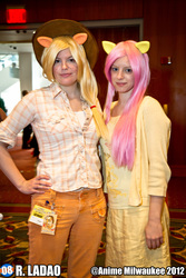 Size: 3456x5184 | Tagged: safe, artist:pepperbots, artist:risana cosplay, applejack, fluttershy, human, g4, anime milwaukee, anime milwaukee 2012, clothes, convention, cosplay, irl, irl human, photo, sweater, sweatershy