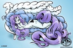 Size: 900x597 | Tagged: safe, artist:grandmasterfdc, rarity, anthro, g4, barbie doll anatomy, bedroom eyes, breasts, couch, fainting couch, female, nudity, solo, sultry pose, unshorn fetlocks