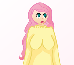 Size: 1203x1061 | Tagged: safe, artist:sadyuri, fluttershy, human, g4, breasts, busty fluttershy, clothes, female, humanized, light skin, solo, sweater, sweatershy, vacuum sealed clothing