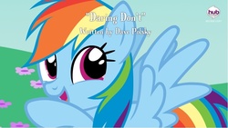 Size: 800x450 | Tagged: safe, rainbow dash, daring don't, g4, cute, fake, female, hub logo, open mouth, smiling, solo