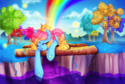 Size: 3000x2000 | Tagged: dead source, safe, artist:twigileia, oc, oc only, pony, biome, crossover, one eye closed, rainbow, solo, terraria, the hallow, tree, water