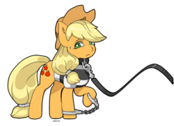 Size: 1024x745 | Tagged: safe, artist:choco-cocco, applejack, g4, clothes, collar, cuffs, female, leash, prison outfit, prison stripes, sad, shackles, simple background, solo, tailcuff