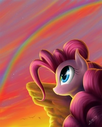 Size: 978x1222 | Tagged: safe, artist:zigword, pinkie pie, g4, female, rainbow, solo, sunset