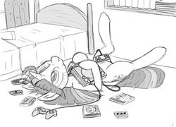 Size: 1000x720 | Tagged: safe, artist:tg-0, twilight sparkle, pony, unicorn, g4, bed, bedroom, dendy, female, gamer twi, grayscale, messy, monochrome, on back, playstation, solo, unicorn twilight, video game
