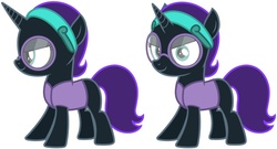 Size: 734x397 | Tagged: artist needed, source needed, safe, oc, oc only, oc:nyx, alicorn, pony, alicorn oc, blank flank, clothes, female, filly, glasses, headband, horn, simple background, smiling, smirk, smug, solo, standing, vest