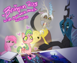 Size: 500x409 | Tagged: safe, artist:peachiekeenie, discord, queen chrysalis, ruby pinch, oc, oc:love letters, pony, unicorn, discorderlyconduct, g4, female, filly
