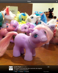 Size: 713x890 | Tagged: safe, ember (g1), pony, g1, baby, baby pony, blank flank, filly, implied apple bloom, inspiration, irl, lauren faust, photo, text, toy, twitter