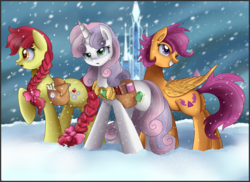 Size: 4097x2988 | Tagged: safe, artist:pridark, apple bloom, scootaloo, sweetie belle, earth pony, pegasus, pony, unicorn, fanfic:a heart of change, g4, crystal empire, cutie mark crusaders, fanfic, fanfic art, older, snow, snowfall, winter