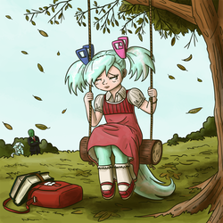 Size: 1280x1280 | Tagged: safe, artist:king-kakapo, lyra heartstrings, oc, oc:anon, oc:hope, human, satyr, g4, bag, book, crying, leaves, mary janes, offspring, parent:lyra heartstrings, swing, tree