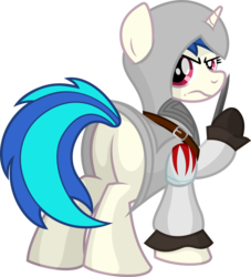 Size: 3903x4305 | Tagged: safe, artist:gray-gold, dj pon-3, vinyl scratch, pony, unicorn, g4, assassin's creed, butt, clothes, crossover, female, hooves, horn, looking back, mare, plot, simple background, solo, transparent background, vector