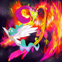 Size: 4000x4000 | Tagged: safe, artist:ninrhusajha, princess celestia, phoenix, g4, fight