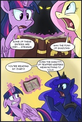 Size: 672x1000 | Tagged: safe, artist:spainfischer, fluttershy, king sombra, pony of shadows, princess luna, twilight sparkle, alicorn, pony, castle mane-ia, g4, journal of the two sisters, comic, diary, female, journal, male, mare, ship:lumbra, shipping, straight, twilight sparkle (alicorn)