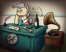 Size: 1000x800 | Tagged: safe, artist:brainedbysaucepans, mayor mare, g4, female, music, office, phonograph, solo, wine