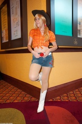 Size: 2848x4288 | Tagged: artist needed, safe, applejack, human, belly button, belt, boots, cosplay, front knot midriff, irl, irl human, midriff, photo, saboten con, saboten con 2012, solo