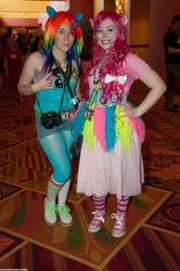 Size: 2848x4288 | Tagged: artist needed, safe, pinkie pie, rainbow dash, human, g4, convention, cosplay, face paint, irl, irl human, photo, saboten con, saboten con 2012