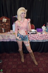 Size: 2848x4288 | Tagged: safe, applejack, human, g4, apple, belly button, belly piercing, bellyring, clothes, convention, cosplay, daisy dukes, front knot midriff, irl, irl human, midriff, obligatory apple, photo, piercing, saboten con, saboten con 2012, solo