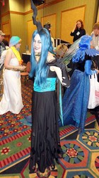 Size: 572x1018 | Tagged: artist needed, safe, artist:bluezhift, princess celestia, queen chrysalis, human, g4, clothes, convention, cosplay, evening gloves, irl, irl human, midwestria, midwestria 2012, photo