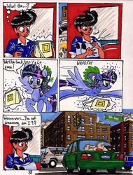 Size: 500x658 | Tagged: safe, artist:newyorkx3, derpy hooves, spike, twilight sparkle, oc, oc:tommy, alicorn, human, pony, comic:twilight and the big city, g4, comic, female, mare, non-mlp oc, self insert, traditional art, twilight sparkle (alicorn)