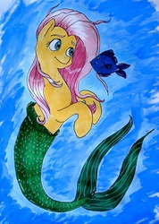 Size: 1956x2745 | Tagged: safe, artist:cog-dis, fluttershy, fish, hippocampus, mermaid, merpony, g4, female, race swap, solo, traditional art, underwater, watershy