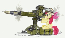 Size: 800x463 | Tagged: safe, artist:buckweiser, apple bloom, earth pony, pony, g4, female, goggles, helmet, military, missile, solo, tow missile