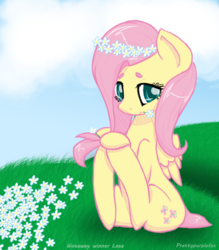 Size: 700x800 | Tagged: safe, artist:smisa, fluttershy, g4, female, floral head wreath, flower, flower in mouth, frown, grass, looking at you, mouth hold, shy, sitting, solo, thick eyebrows