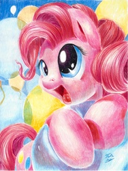 Size: 600x799 | Tagged: safe, artist:tsitra360, pinkie pie, g4, balloon, female, happy, solo, traditional art