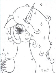 Size: 637x819 | Tagged: safe, artist:queen-ystella, princess celestia, g4, female, monochrome, pencil drawing, sketch, solo, sparkles, traditional art