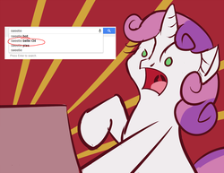 Size: 1100x850 | Tagged: safe, artist:megaherts, sweetie belle, pony, unicorn, g4, 30 minute art challenge, computer, female, google, laptop computer, rule 34, shocked, solo, sweetie bot