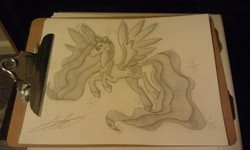 Size: 3264x1952 | Tagged: safe, artist:royalpony, princess celestia, g4, clipboard, drawing, female, flying, necklace, smiling, solo, sparkles