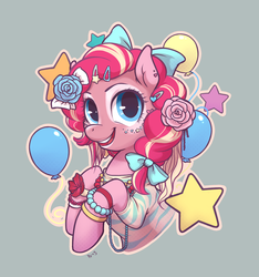 Size: 1280x1370 | Tagged: safe, artist:purmu, pinkie pie, earth pony, pony, g4, alternate hairstyle, balloon, bow, bracelet, clothes, earring, eyeshadow, fashion, female, ganguro, hairclip, japanese, lipstick, looking at you, makeup, mare, necklace, portrait, shirt, simple background, smiling, smiling at you, solo, stars, tan lines, yamanba