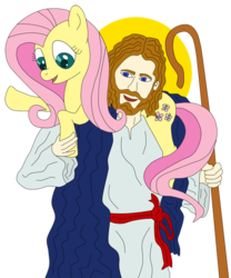 Size: 700x842 | Tagged: safe, artist:lycanianspike, fluttershy, human, pegasus, pony, g4, christianity, female, jesus christ, mare, ponies riding humans, religion, religious, religious focus, riding, shepherd, shepherd's crook, simple background, stick, transparent background