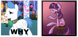 Size: 536x260 | Tagged: safe, artist:kas-the-cat, applejack, orion, shooting star (g4), twilight sparkle, g4, caption, exploitable meme, juxtaposition, juxtaposition win, mean, meme, sad, teasing, why