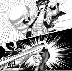 Size: 2504x2467 | Tagged: safe, artist:foruze-pony, pony, black and white, clothes, comic, effects, grayscale, kenshin himura, male, manga, parody, ponified, rurouni kenshin, sanosuke sagara, stallion, wip