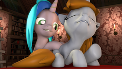 Size: 1920x1080 | Tagged: safe, artist:drdicksamazingstick, oc, oc only, oc:homage, oc:littlepip, pony, unicorn, fallout equestria, 3d, book, candle, eyes closed, fanfic, fanfic art, female, hooves, horn, lesbian, lip bite, mare, massage, oc x oc, rubbing, ship:pipmage, shipping, smiling, source filmmaker, teeth