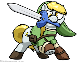 Size: 1000x800 | Tagged: safe, artist:pokehidden, derpy hooves, pegasus, pony, g4, clothes, crossover, female, glare, link, mare, master sword, mouth hold, newbs can't triforce, pose, raised hoof, solo, sword, the legend of zelda, triforce, weapon