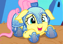Size: 783x540 | Tagged: safe, screencap, fluttershy, pegasus, pony, g4, season 3, the crystal empire, animated, armor, crystal guard armor, cute, female, floppy ears, gif, i watch it for the ears, mare, prone, shyabetes, solo