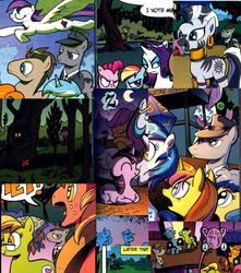 Size: 954x1080 | Tagged: safe, artist:andy price, idw, official comic, big macintosh, bittersweet (g4), dj pon-3, doctor whooves, observer (g4), pinkie pie, rainbow dash, rarity, scootaloo, sugar grape, sweetcream scoops, time turner, twilight sparkle, vinyl scratch, zecora, earth pony, pony, unicorn, zebra, g4, spoiler:comic, blue eyes, brown eyes, button, comic, cutie mark, dice, fedora, freckles, glowing eyes, gray eyes, hat, no mane, observer, orange eyes, peace symbol, purple eyes, tree