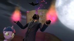 Size: 1366x768 | Tagged: safe, artist:fezwearingdoctor, twilight sparkle, g4, 3d, book, gmod, halloween, magic, spy, spy (tf2), team fortress 2