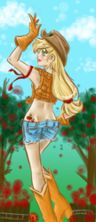 Size: 471x1089 | Tagged: safe, artist:himram, applejack, human, g4, apple, blushing, boots, clothes, cutie mark, daisy dukes, female, gloves, humanized, orchard, ribbon, solo, tank top